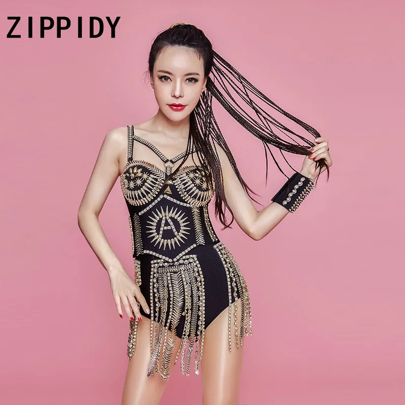 Fashion Shining Bodysuit Girdle 2-piece Set Women's Sexy Costumes Rhinestones Tassel Stage Dance Singer Sparkly Outfit