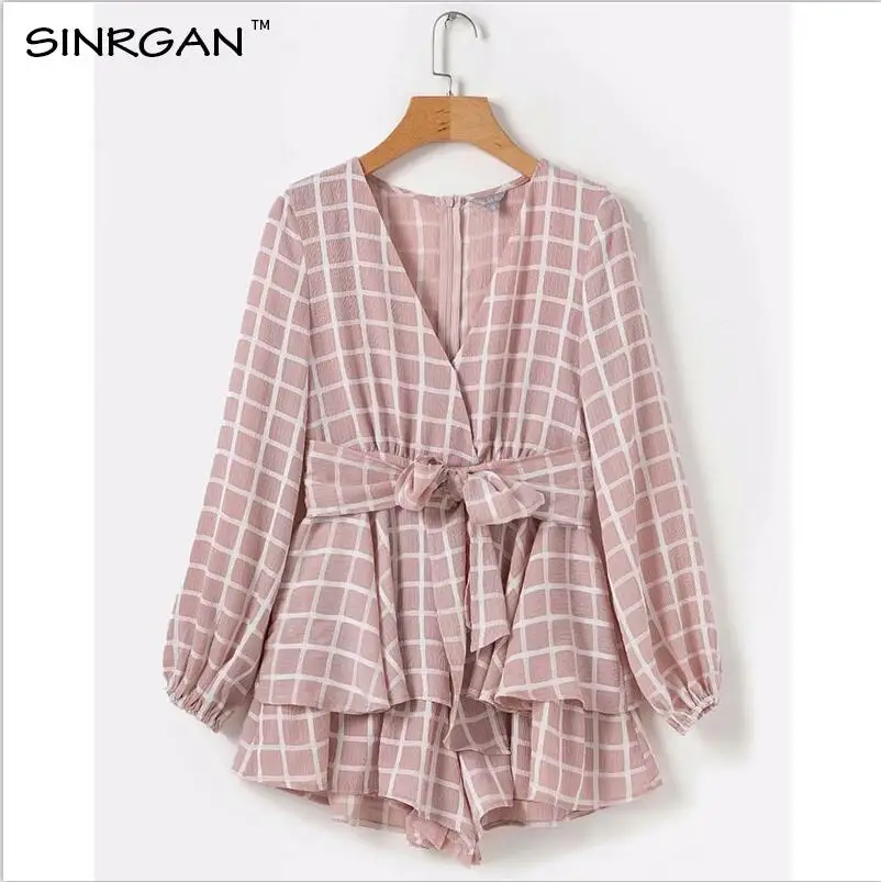 pink SINRGAN Сплошной глубокий V-образный вырез с широким вырезом и тонкими элегантными спортивными костюмами для женщин Фонарь с рукавом весна-лето сексуальные комбинезоны Короткие комбинезоны - Цвет: pink