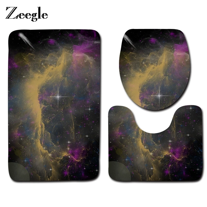 

Zeegle 3Pcs Starry Sky Pattern Lid Toilet Pad Seat Cover Non-Slip Bathroom Carpets Sets Washable Pedestal Rug Toilet Bath Mats