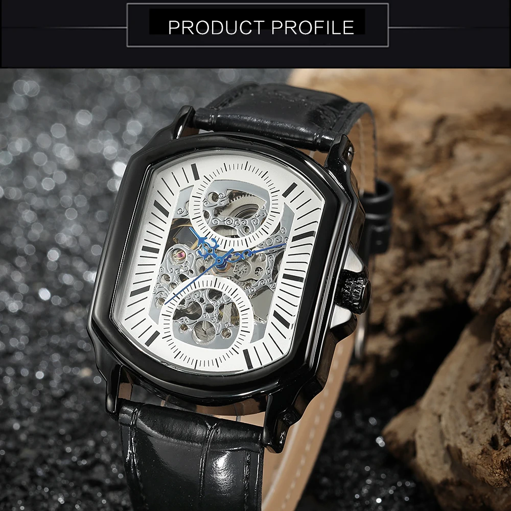 Мужские часы в стиле стимпанк черные прозрачные механические с кожаным скелетом