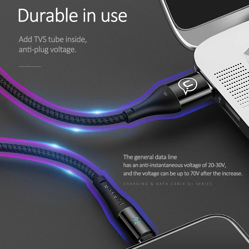 USAMS мобильный usb кабель для iPhone X 7 2A быстрое зарядное устройство светодиодный