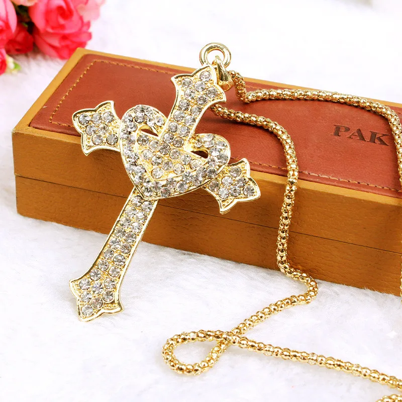 Rhinestone heart cross necklaces &amp pendants gothic gold color CNANIYA jewelry sweater accessories necklace long/neckless/neclace |