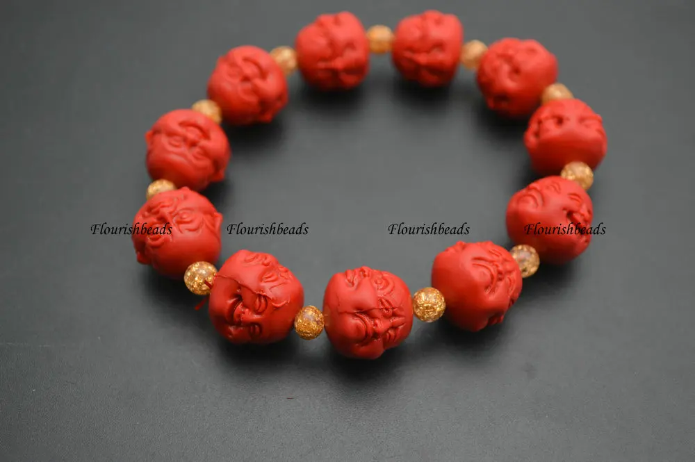 

Four Sides Carved Buddha Red Cinnabar Stone Beads Elastic Line Man's Bracelets Fashion Jewelry
