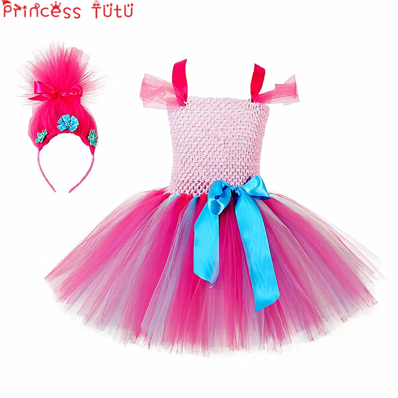 PRINCESS Kids Baby Girl Clothes Trolls Party Dress Headbands Set Halloween Cosplay Poppy Costume Girls Tutu Dresses W137 | Детская