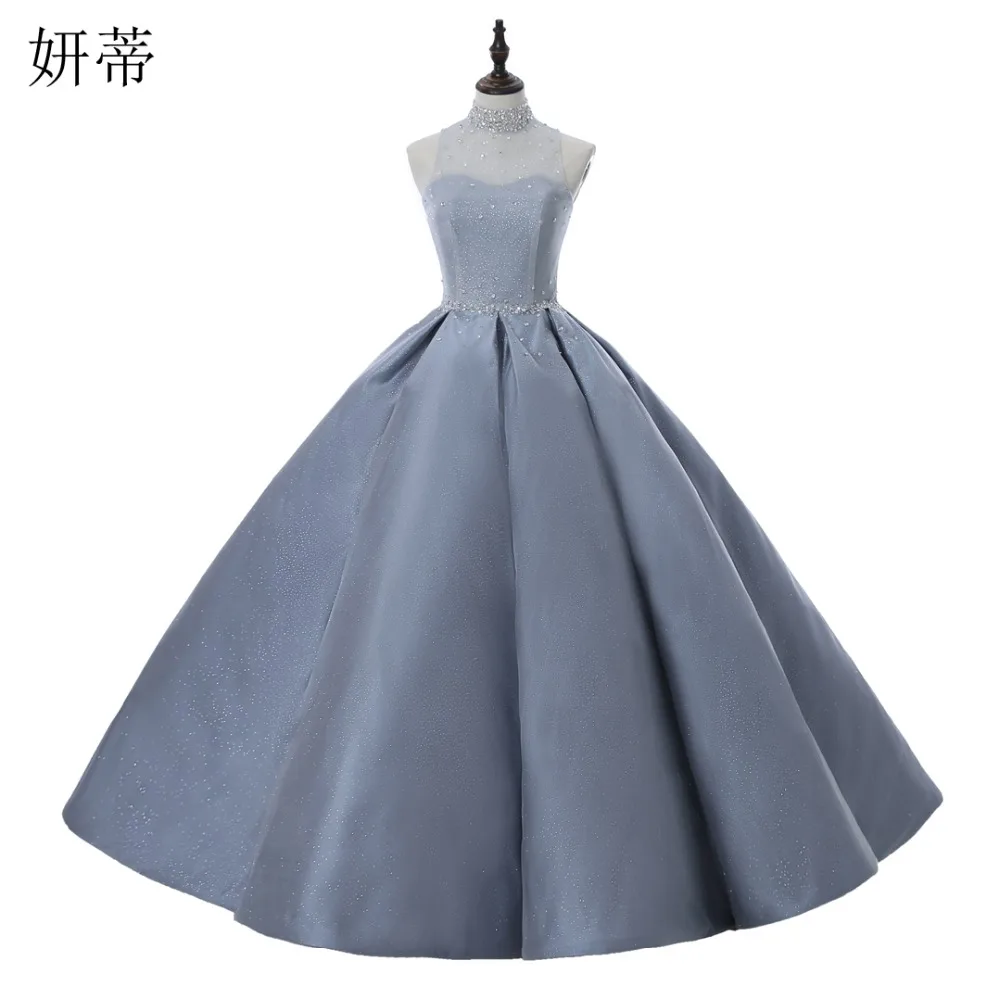 Блестящее вечернее платье с высоким вырезом и кристаллами 2017 атласные