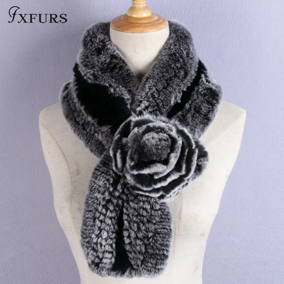 Фото FXFURS 2020 новые оригинальные вязаные шарфы из кроличьего меха с цветами, женские зимние модные меховые накидки, высококачественные меховые те... №4