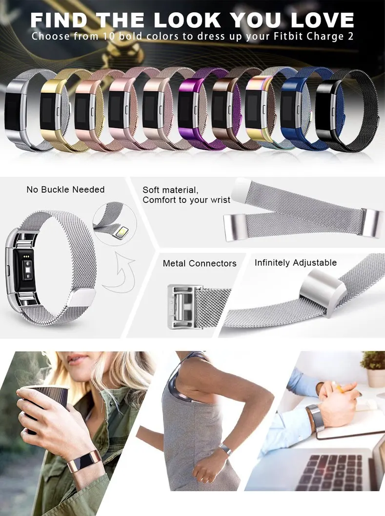 Хохлатая Миланская петля ремешок для часов для браслета FitBit Charge 2 Замена наручных часов браслет из нержавеющей стали ремень аксессуары