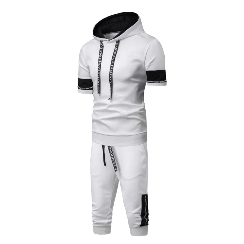 

Casual men's suit summer new suit Comfortable short-sleeved pants suit stitching hooded men's suit Y604