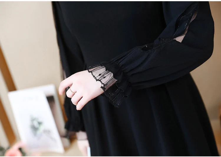 

Large size dress female spring and autumn 2019 new women's loose long-sleeved stitching cover belly black dress A197