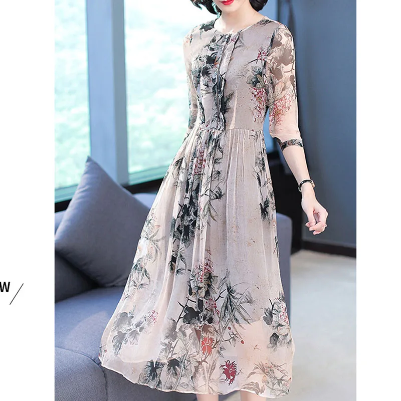 Весна Лето Новинка 2020 женское элегантное шелковое платье с цветочным принтом