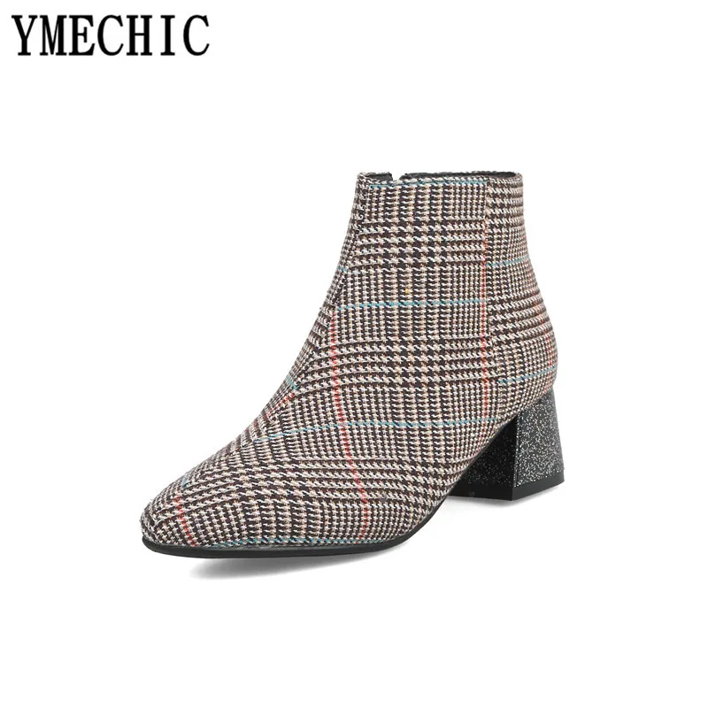 Женские ботильоны в клетку YMECHIC модные ботинки на квадратном каблуке средней
