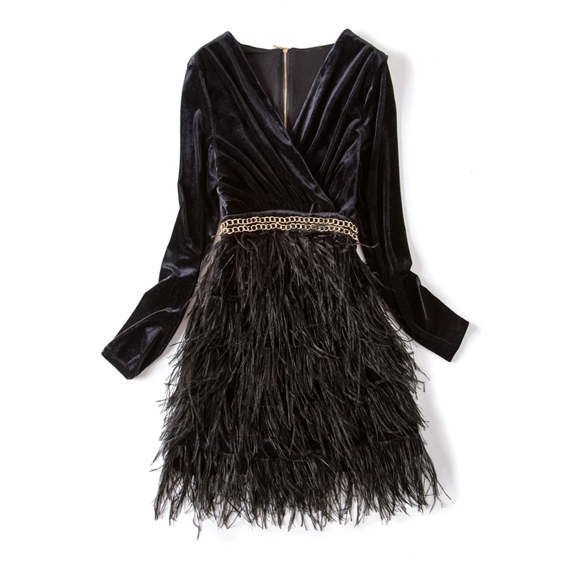 

Gold velvet short dress autumn and winter ladies temperament sexy nightclub V-neck feather long-sleeved Lolita dress