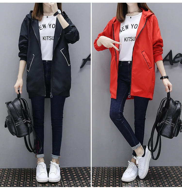 Осень ветровка 2018 Новый Для женщин Свободные Длинные рукава с капюшоном черный