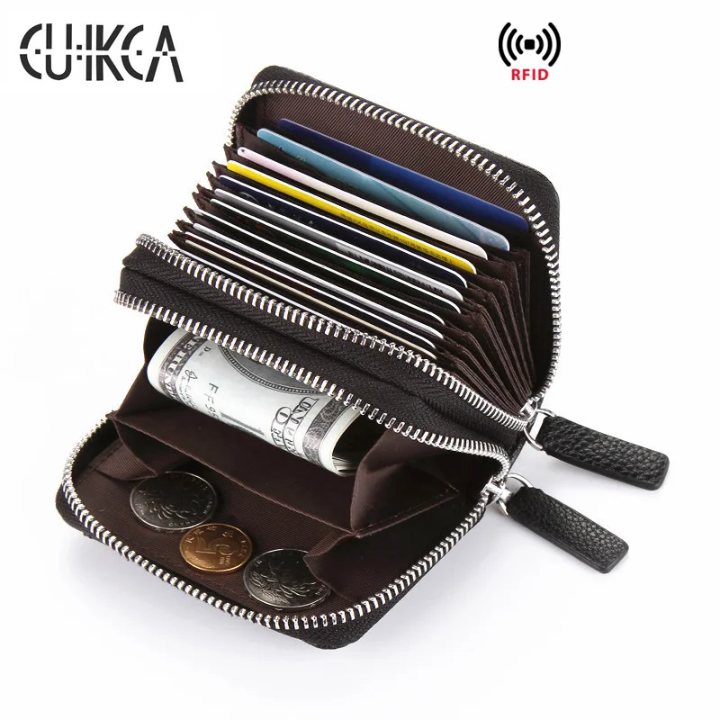 CUIKCA RFID кошелек для женщин и мужчин кошелек с двойной молнией Кошелек для монет тонкий кожаный кошелек аккордеон стиль ID держатель для кредитных карт чехлы