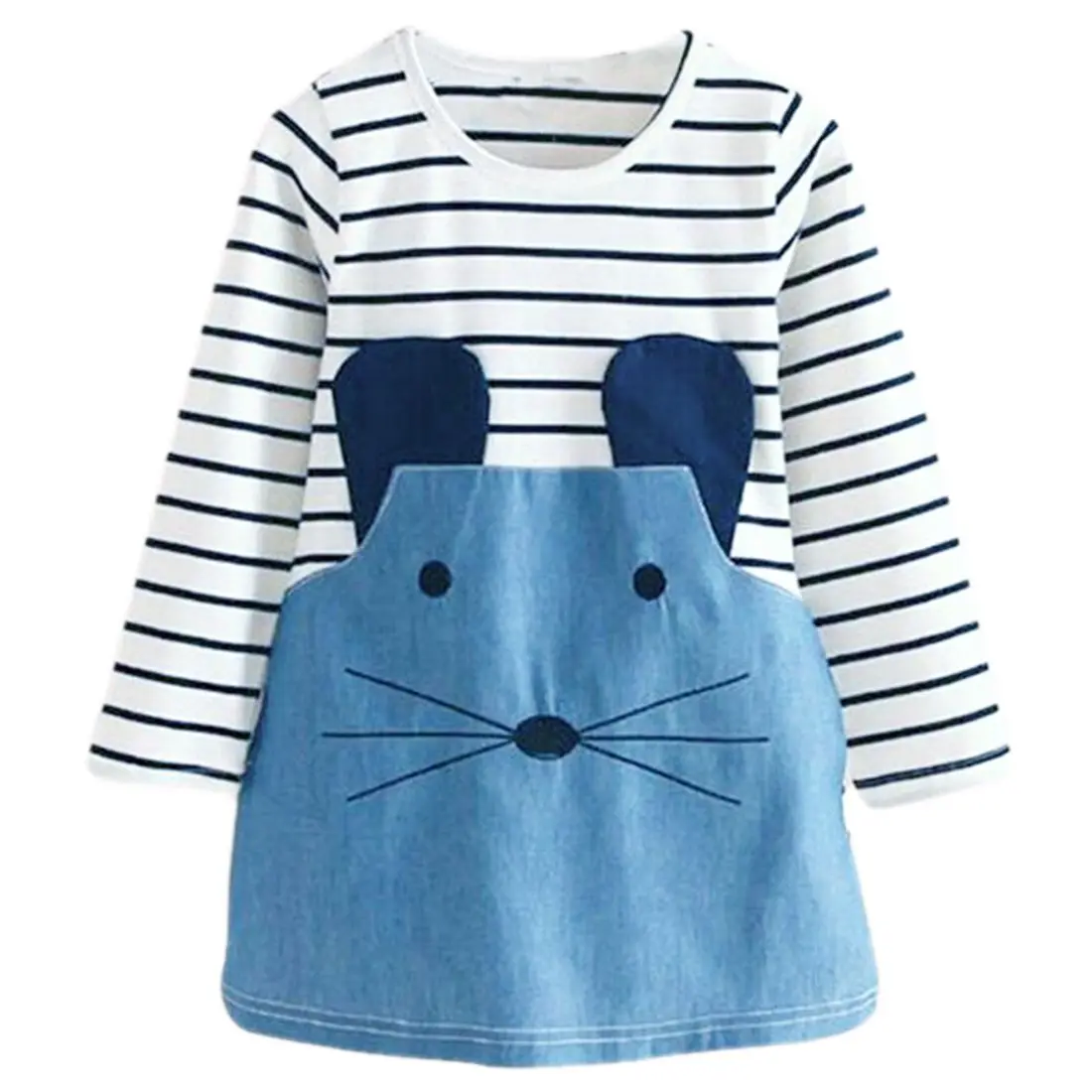 Children New Fashion Striped Patchwork Character Girl Dresses Cute Mouse Clothing Girls Dress Denim Kids Clothes(Long Sleeve 120 | Детская