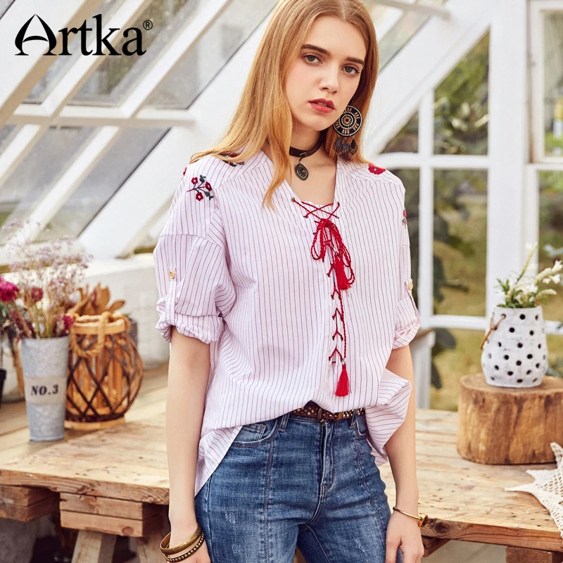 ARTKA Лето 2018 новая вышивка повязки Досуг свежий полосатый рубашка кисточки