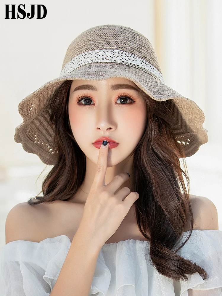 Женская кружевная вязаная шляпа от солнца с поясом дышащая летняя Складная