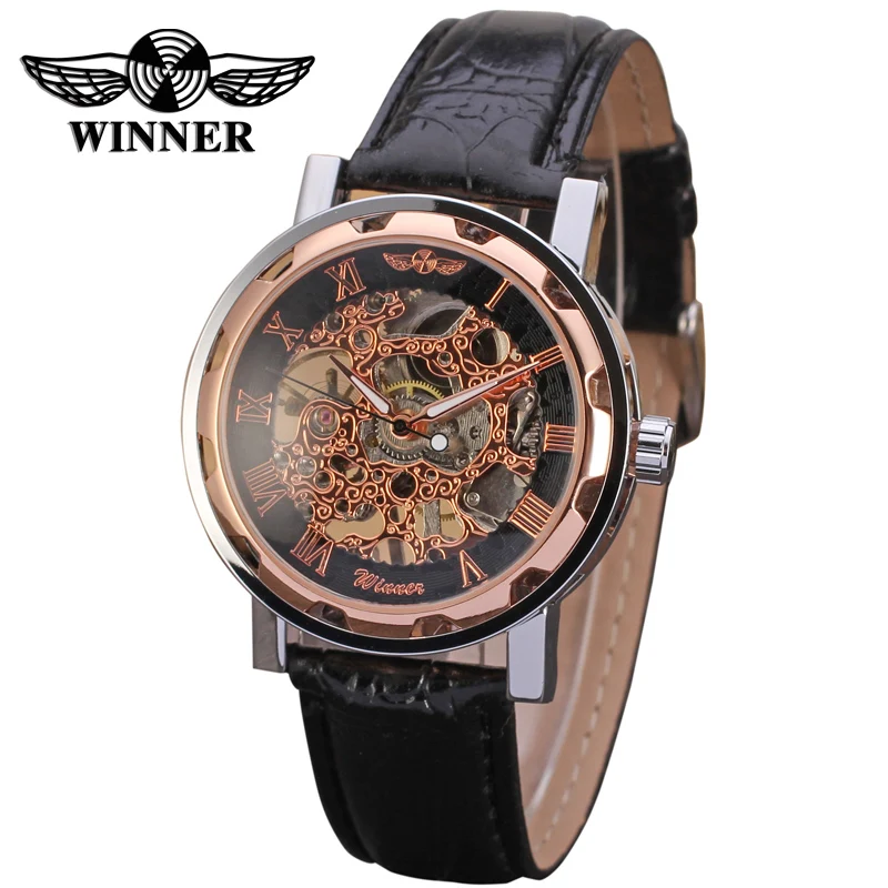 

Мужские механические модные роскошные часы-скелетоны Winner с футляром для часов, высококачественные черные часы, часы-скелетоны, механически...