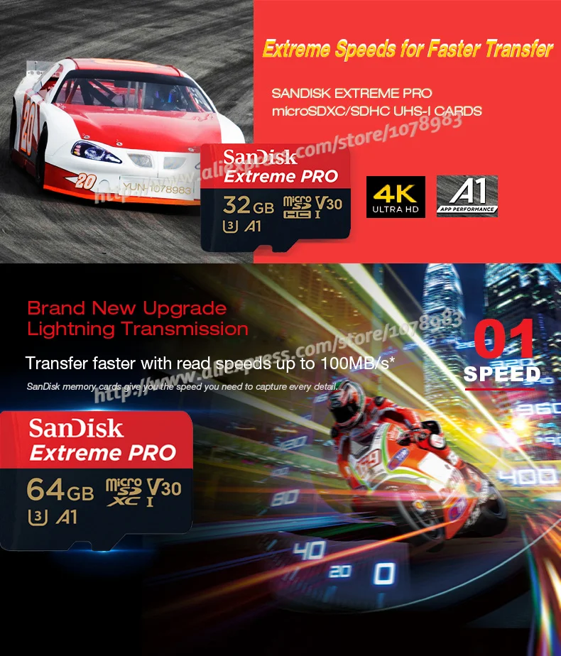 Двойной флеш-накопитель SanDisk Extreme PRO/Extreme карты памяти 128 Гб 64 Гб оперативной памяти, 32 Гб встроенной памяти, читать Скорость до 100 МБ/с. microSDHC/SDXC UHS-I U3 V30 в формате 4K UHD