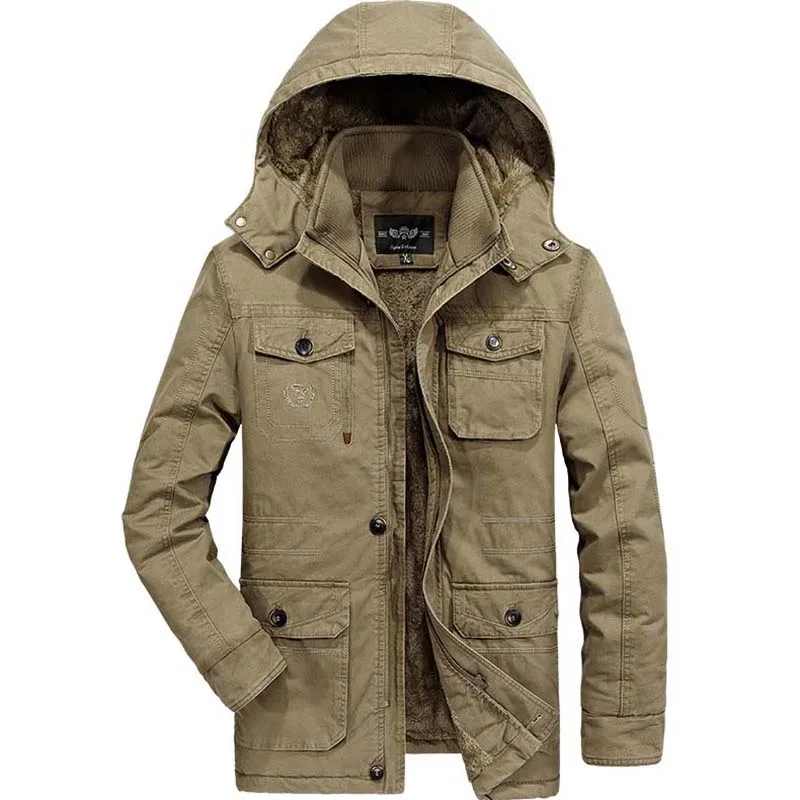 Plus Size 8XL Warm Winter Coat Hooded Men Fleece Jacket Velvet Parka Stand Collar Windbreaker OUTWEAR Military Casual Clothes