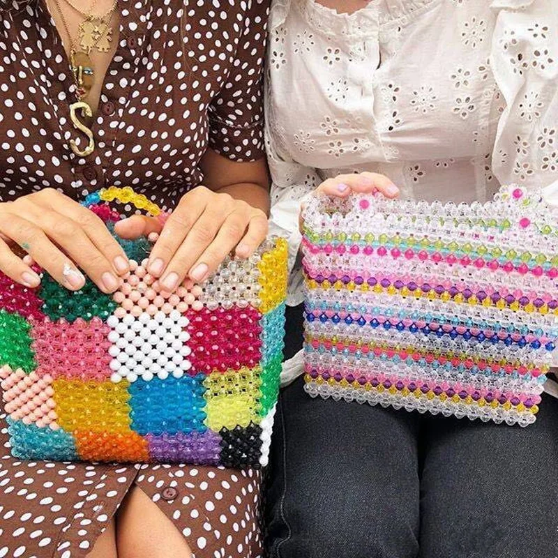 Разноцветные полосатые бусины сумки Lady beaded Сумки тканые Девушки Симпатичный с