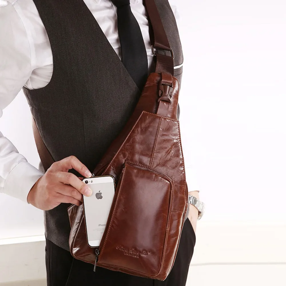 

High Quality Men Real Cowhide Genuine Leather Messenger Shoulder Cross Body Travel Famous Climb Trend Sling Chest Bag Day Pack