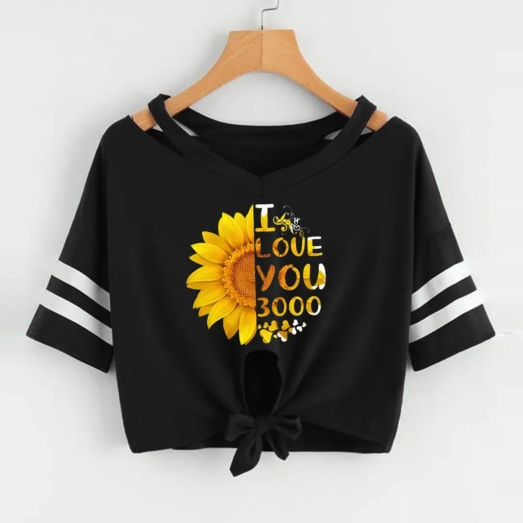 Sunflower Black Feitong, женская мода, Подсолнух, летняя футболка, женская, повседневная, короткий рукав, круглый вырез, Повседневный, короткий топ, новинка, Camiseta Mujer - Цвет: Sunflower Black
