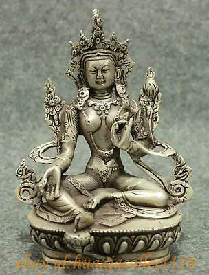 Tibet Silver Buddhism Lotus Green Tara Buddha Kwan-yin GuanYin Goddess Statue copper tools wedding Decoration white Copper