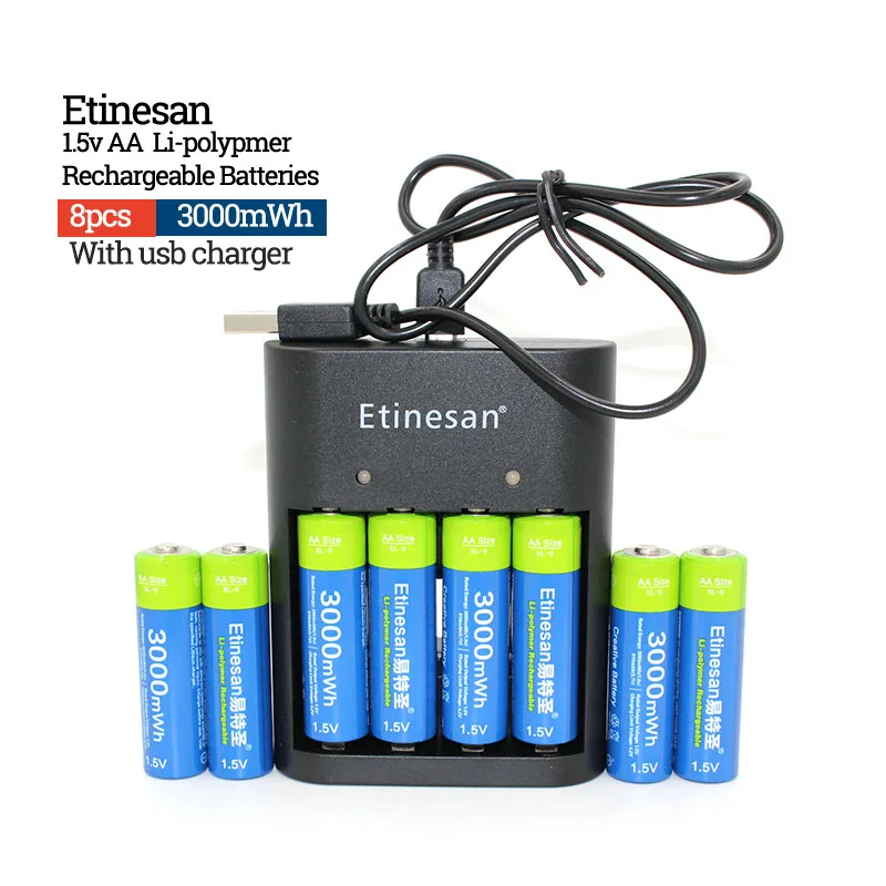 

Etinesan 1.5v 3000mWh Li-polymer li-ion lithium Rechargeable AA battery batteries + 4 slots Charger