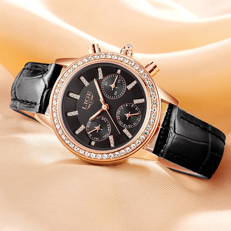 

LIGE Luxury Brand Women's Fashion Casual Leather Quartz Watch Ladies Diamond Dress Watches Multi-function Relogio Feminino 2017