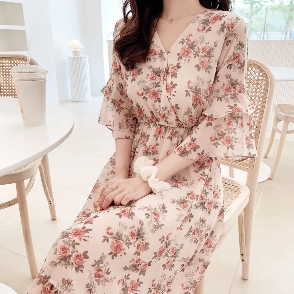 BOBOKATEER платье миди с цветочным рисунком женские платья Летняя одежда robe ete femme vestidos de verano пляжное Шифоновое Платье синее повседневное