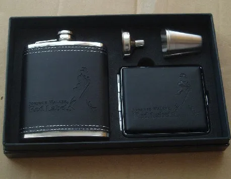 Portable 7oz Johnnie Walker leather Hip Flask+ Metal Cigarette Case Set Stainless Steel Liquor emboss Flask Gift Box | Дом и сад