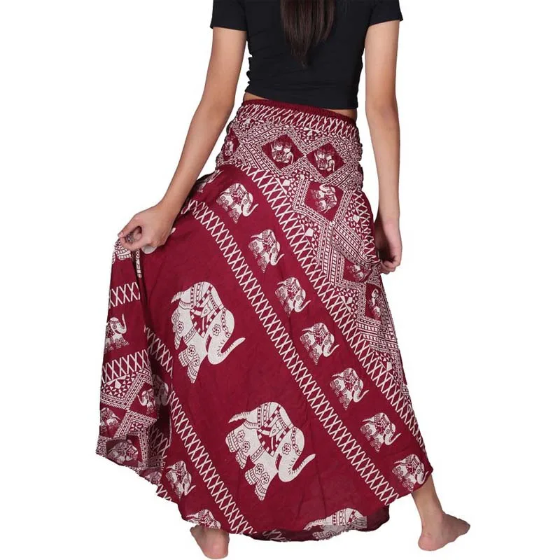 

Women Bohemian Hippie Red Skirt Elephant Print Nice Vogue Beach Long Skirt Vintage Maxi Skirts High Waist Tie Up Skirts