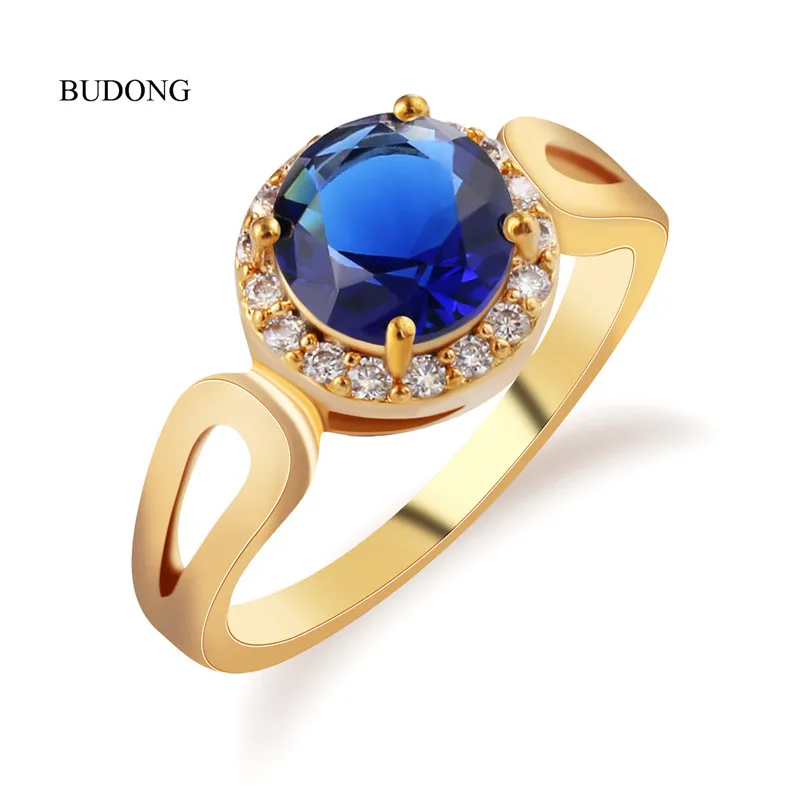 Женское кольцо на палец BUDONG с синим кристаллом и цирконием золотого цвета R329