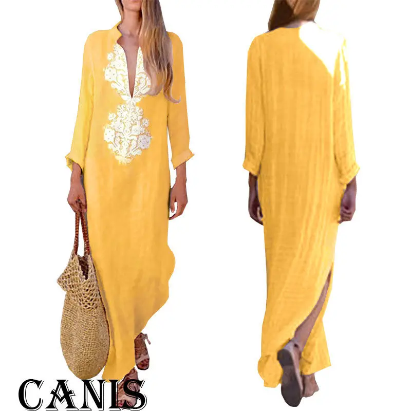 Женское длинное платье с V образным вырезом длинным рукавом и цветочным