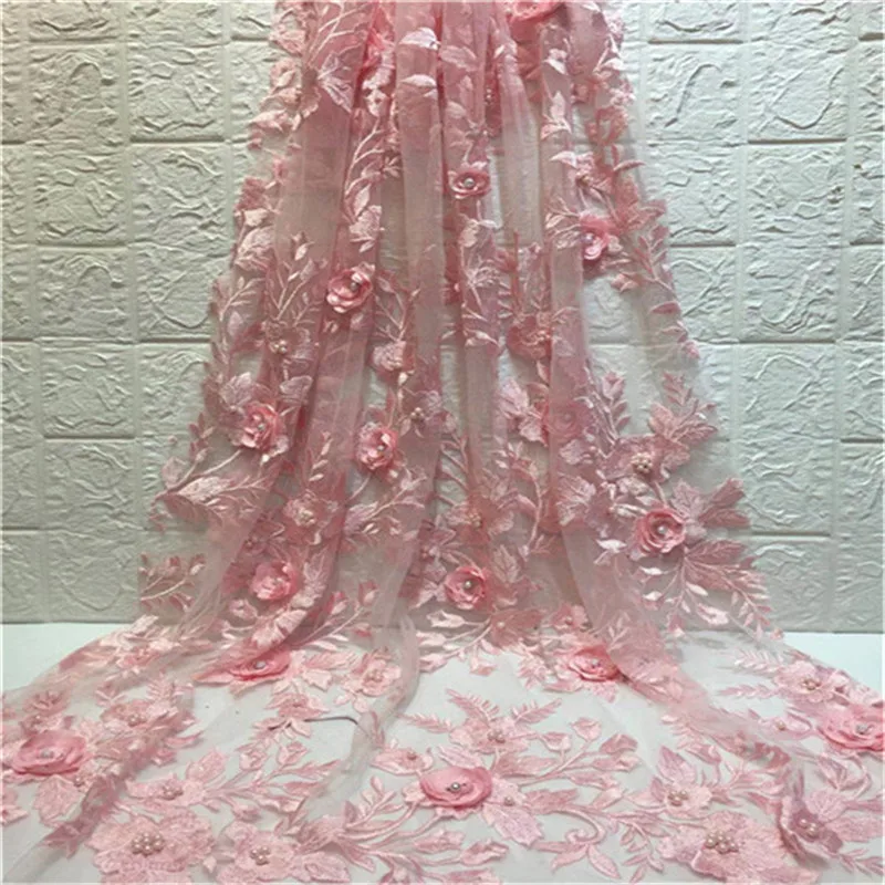 

New Design African Lace Fabrics French 3D Flower High Quality Bridal Beaded Nigerian Lace Tulle Lace Fabric For Wedding Dress