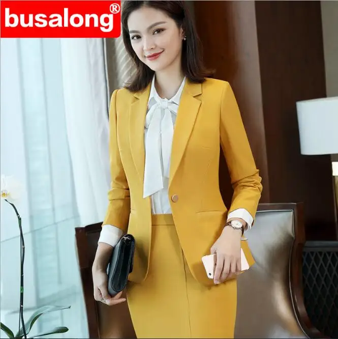 Осень 2019 женские модные строгие костюмы жакет с длинным рукавом и юбка для