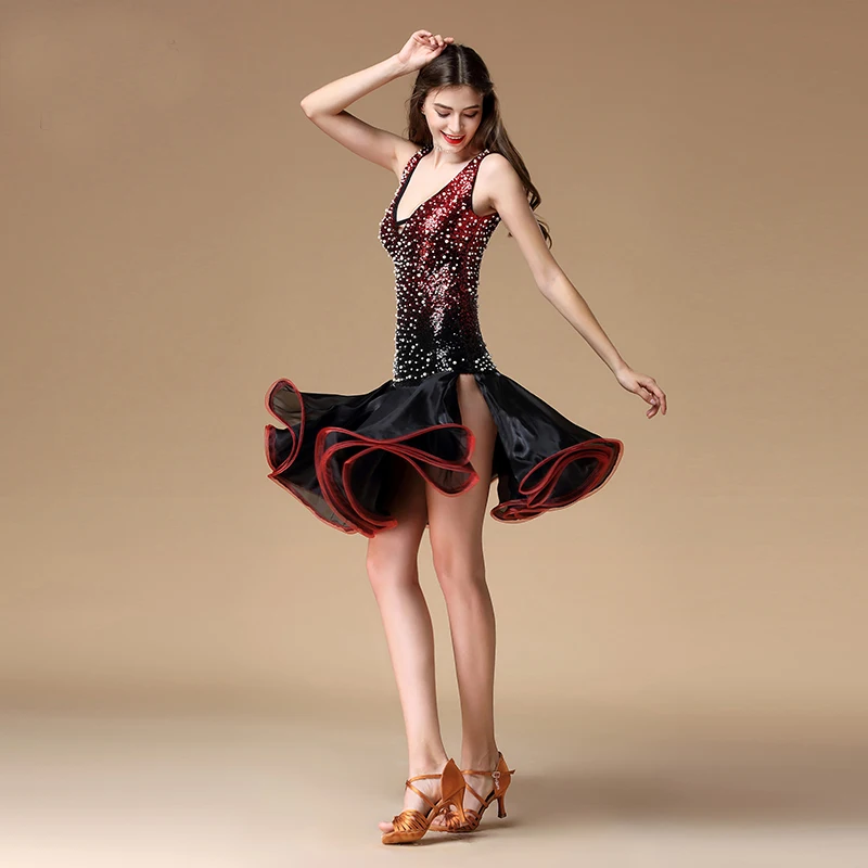 Женское платье для латиноамериканских танцев вечернее с блестками бальных