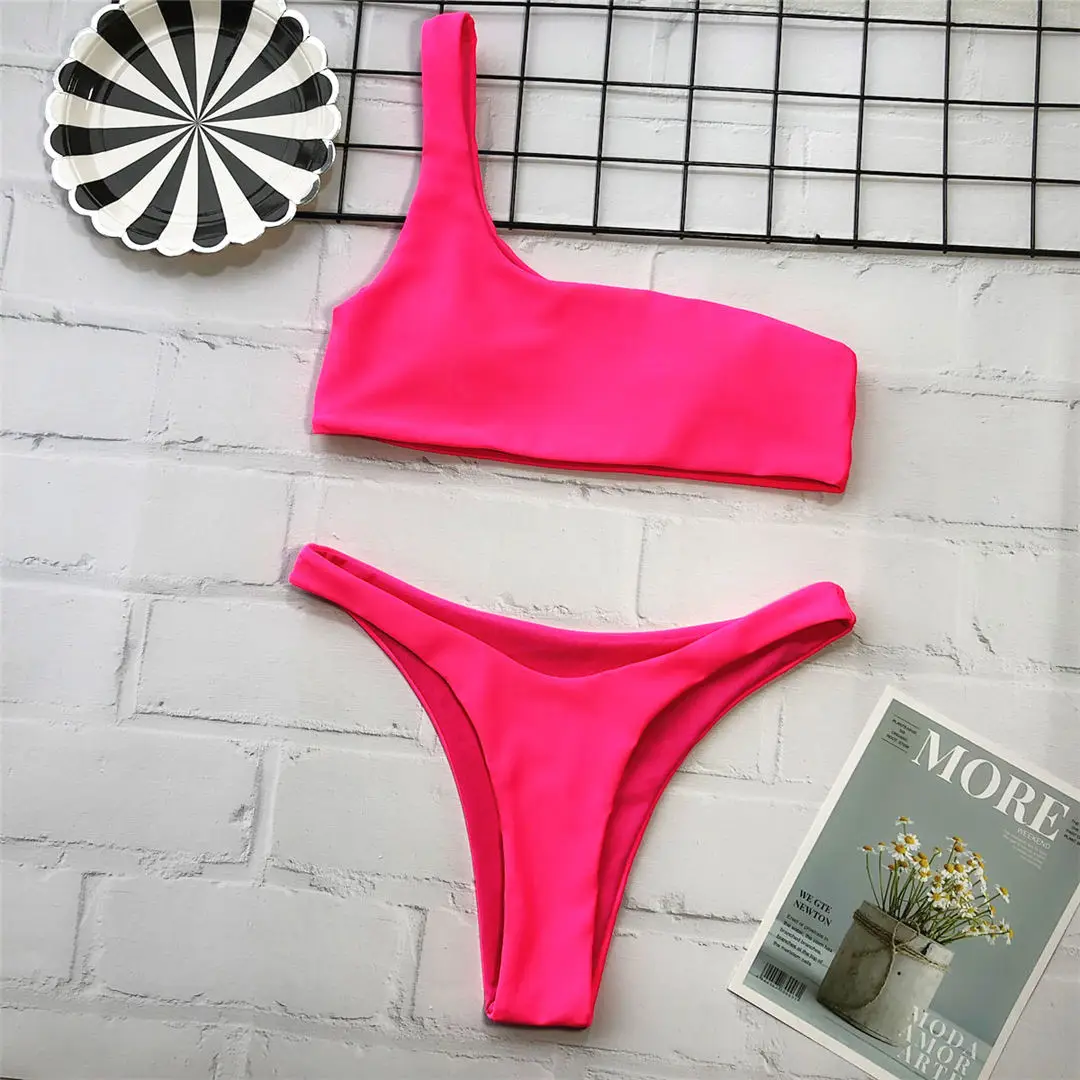 Hot Pink Бикини, на одно плечо, купальник, женская одежда для плавания, Женский комплект бикини из двух частей, с высокой посадкой, купальник, купальный костюм, одежда для плавания, V1560 - Цвет: Hot Pink