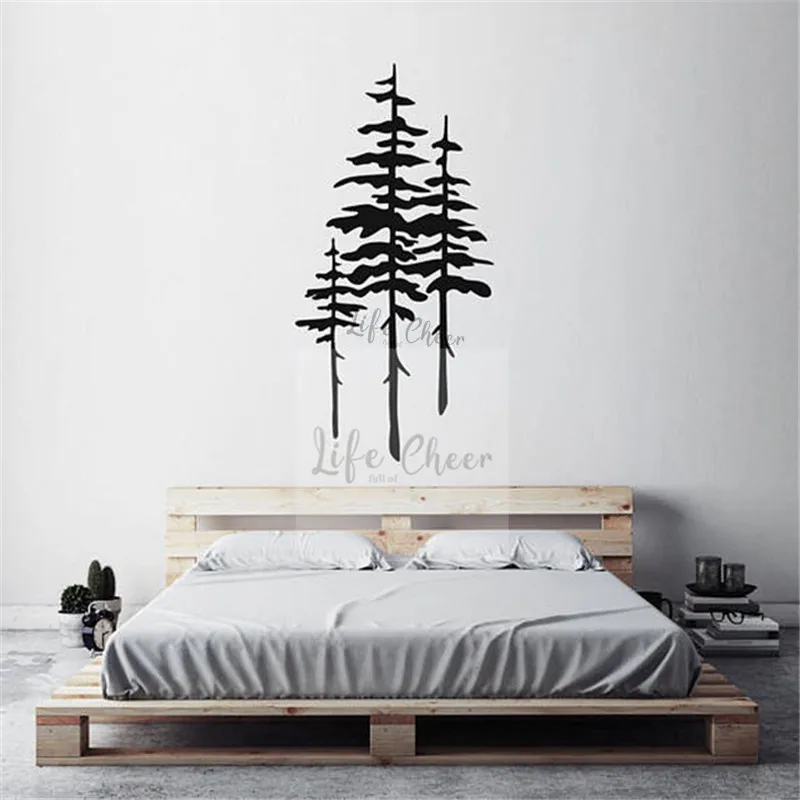 Three Pine Tree Wall Muarls Nature Forest Theme Home Decor Tall Vinyl Decal Silhouette Wallpaper AC069 | Дом и сад