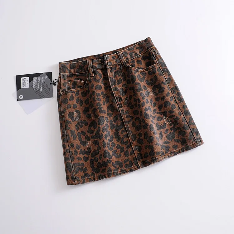 DS/023RI 2018 Лето Leopard джинсовая юбка Женский Ретро Высокая Талия Отверстие посылка
