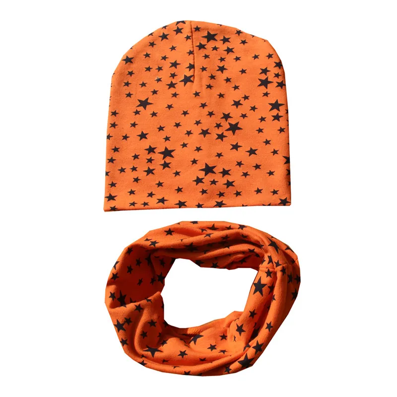 stars orange Новая весенняя шапка для девочек, осенне-зимняя мягкая детская шапка, вязанная шапка для мальчика, Милый хлопковый Детский шарф с кольцом и воротником, детская шапка, набор шарфов - Цвет: stars orange