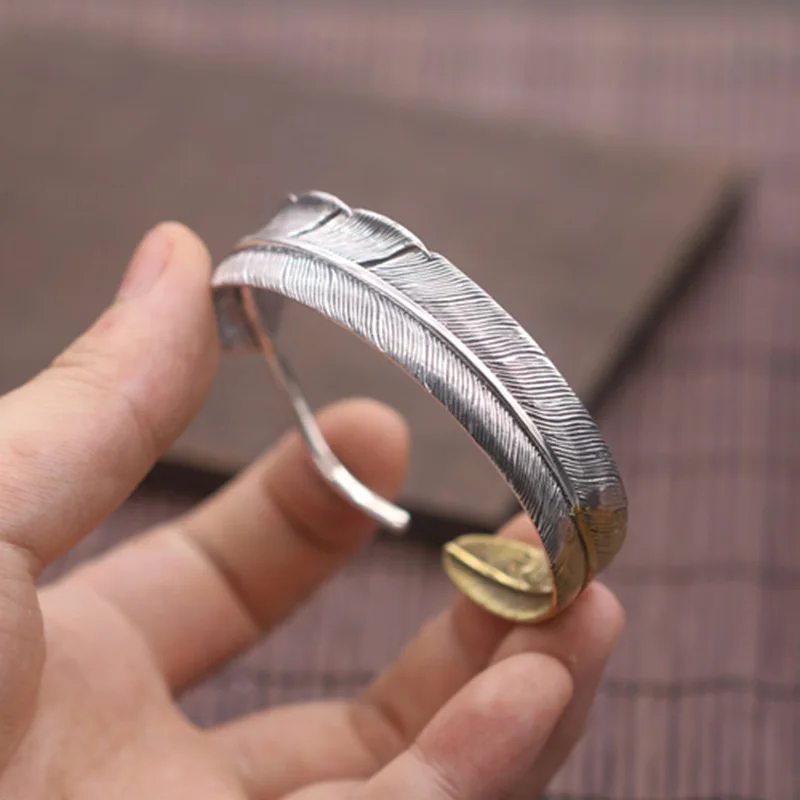 Мужской браслет из серебра 100% пробы с перьями|Гибкие и жесткие браслеты| |