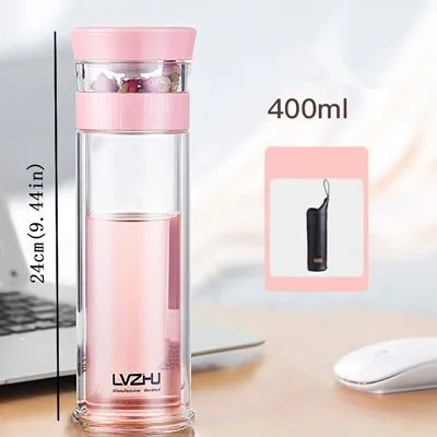 Pink400ml 400 мл портативная двойная стена боросиликаное стекло бутылка с сеточкой для заваривания чая воды с крышкой фильтр Автомобильная чашка креативный подарок стакан - Цвет: Pink400ml
