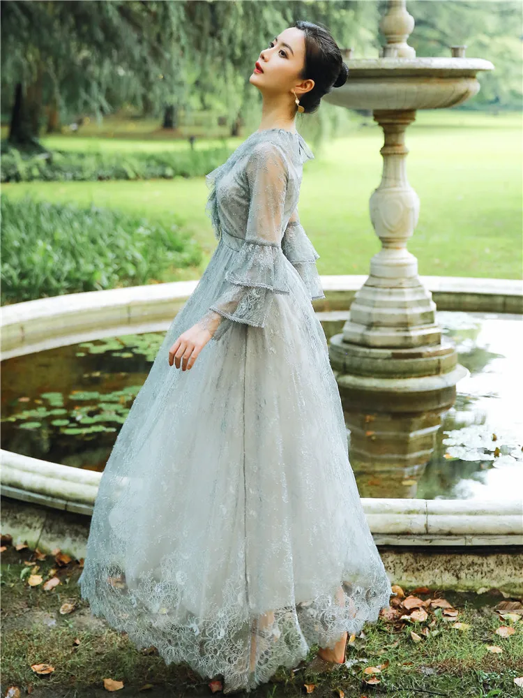 2018 новые модные женские платья осенние сетчатые с вышивкой длинными рукавами