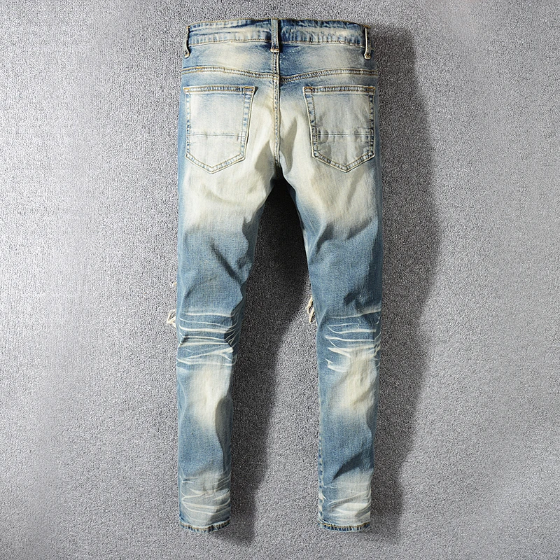 Special price! Men's bandanna paisley printed biker jeans for motorcycle Vintage blue ripped stretch denim pants | Мужская одежда