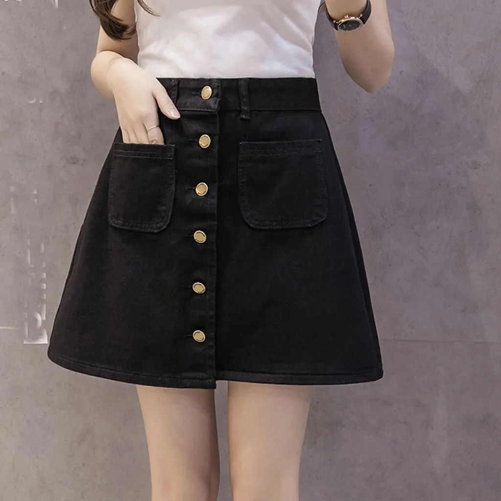 Fashion Women Leisure Denim A-Shaped Skirt Loose Button Pocket Short Skirt