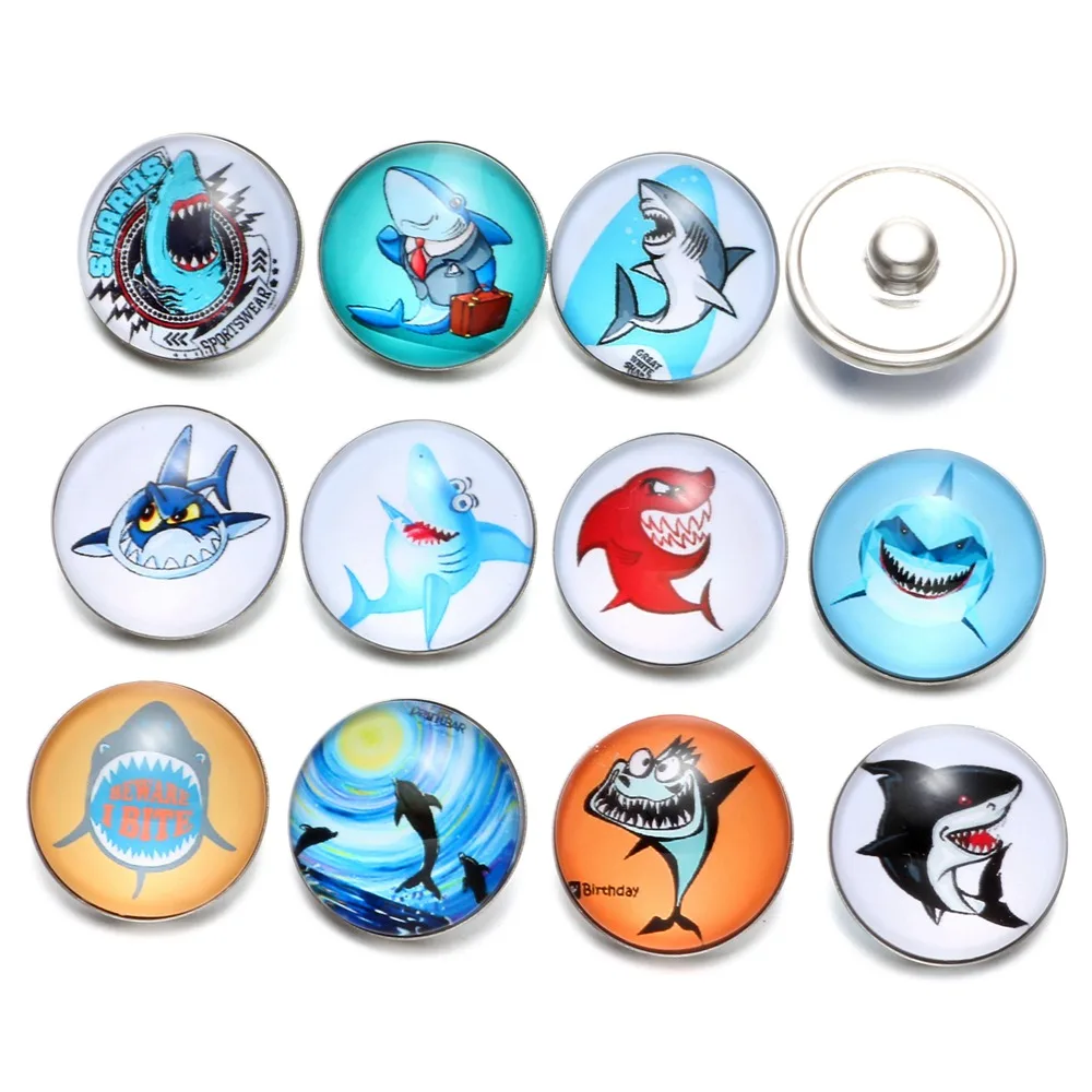 12pcs/Lot Mr.Shark Pattern Glass Charm 18mm Snap Button Jewelry For Snaps Bracelet KZ0518 | Украшения и аксессуары