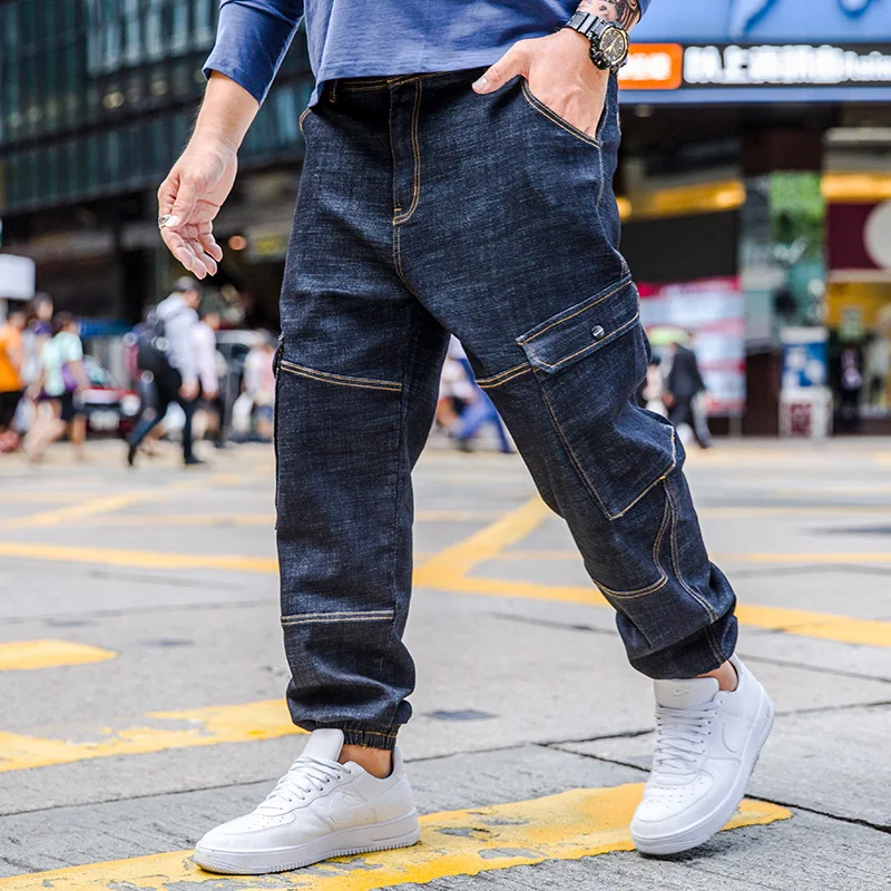 2018 Mens Casual Multi Big Pockets Blue Jeans Distressed Slim Elastic Denim Biker Hip Hop Pants Large Size 30-44 46 | Мужская одежда