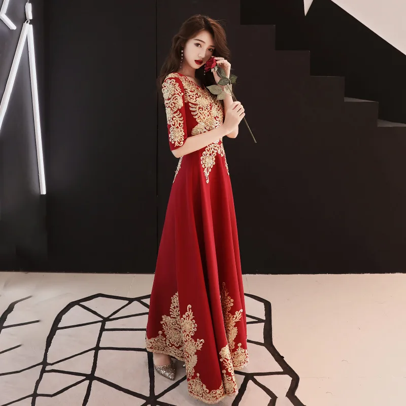 Темно-красные вечерние Длинные Cheongsam ретро Тонкое платье свадебное платье китайский стиль Свадьба Qipao Женская одежда Vestido XS-XXXL